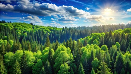 of a serene forest background with lush green trees and a clear blue sky, forest, background,trees, nature, serene, green