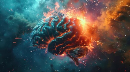 Poster - futuristic aigenerated human brain explosion with abstract knowledge and creativity elements digital art