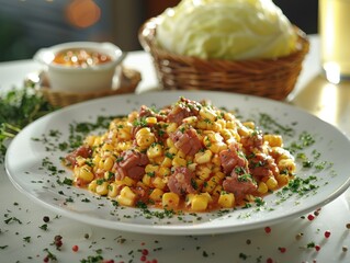 Poster - A close-up shot of a plate of corn and meat, garnished with parsley