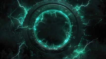 Sticker - futuristic plasma portal with glowing green lightning scifi frame on black background