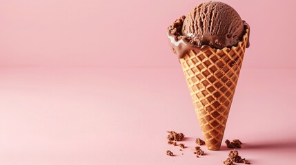 Single scoop of chocolate ice cream in a waffle cone on a light pink background sweet and delicious ample copy space surrounding the cone