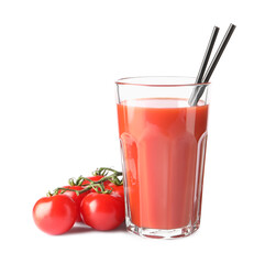 Poster - Tasty tomato juice in glass and fresh vegetables isolated on white
