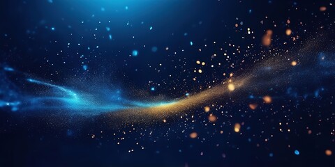 Poster - Dark blue Glowing particles on flying glitter background, Wide Banner