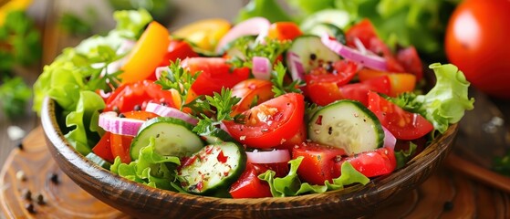 A delicious salad with fresh vegetables on a wooden table