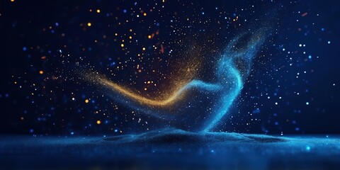 Poster - Dark blue Glowing particles on flying glitter background, Wide Banner