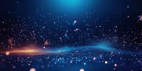 Poster - Dark blue Glowing particles on flying glitter background, Wide Banner
