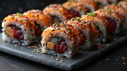 Wall Mural - A close-up of salmon and tuna sushi rolls on a black slate plate