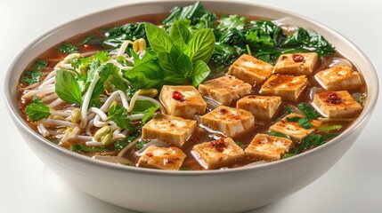 Wall Mural - A steaming bowl of tofu and bean sprout soup, garnished with fresh herbs