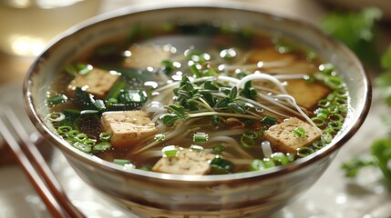 Wall Mural - Close-up of steaming tofu noodle soup garnished with fresh herbs