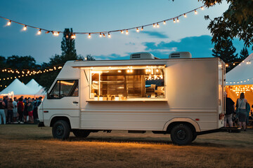 Blank White Food Truck at Open Air Music Festival with String Lights and Crowd in the Background.