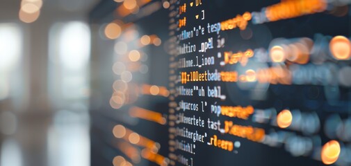 Coding and software development with computer code on screen are depicted in this abstract digital background, ideal for tech concepts in web design and digital projects.