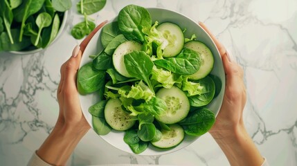 Wall Mural - Healthy Green Salad with Spinach, Cucumbers, and Avocados for Fresh Nutrition and Skin Health