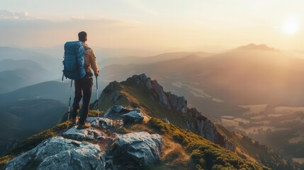 hiker admiring breathtaking natural scenery from mountain summit adventure travel
