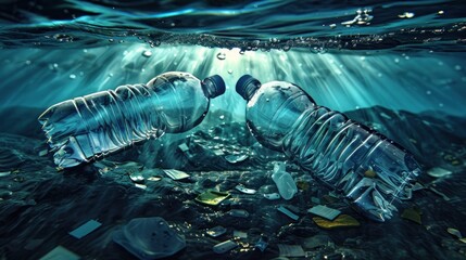 two plastic bottles lay on the ocean floor, illuminated by a shaft of sunlight