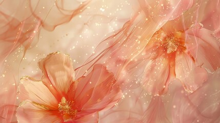 Wall Mural - Elegant abstract with warm pinks golds peach tones flowing liquids light blooms shimmering particles