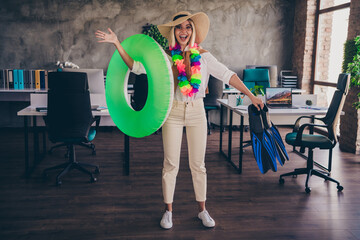 Full length photo of lovely young lady excited summer vacation dressed stylish garment modern workplace office coworking indoor