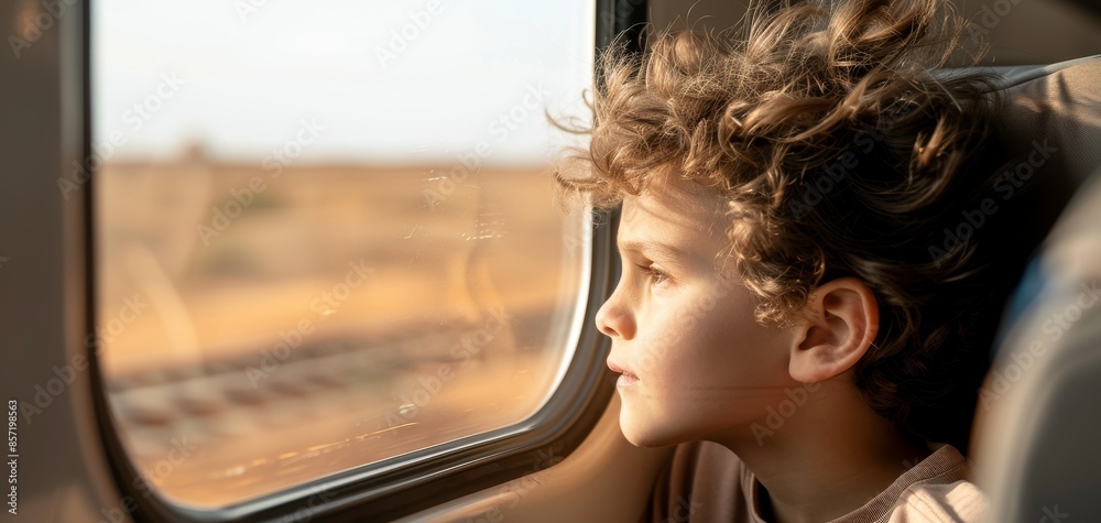 Foto de Stock This cinematic image shows a boy looking out the window ...