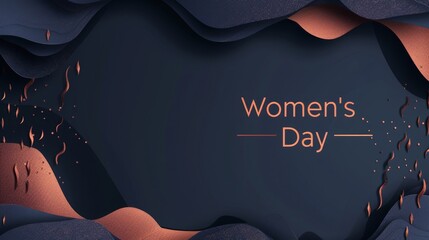 Deep navy blue charcoal copper abstract metallic textures Women's Day in serif typeface background