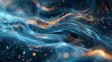 Captivating abstract sapphire blue deep gold tones glowing particles swirling lines liquid light's fluidity serene mystical atmosphere background