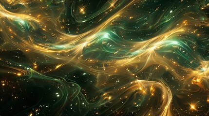 Wall Mural - Background blending green and gold shimmering stars wave-like patterns tranquil and festive feel. background