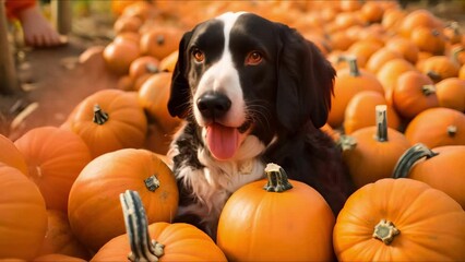 playful english springer spaniel in an autumn pumpkin patch portrait. concept pets, autumn, portrait