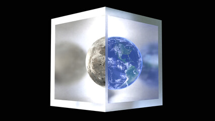 Wall Mural - earth and moon in the metallic box as 3d modeling galactic concept art.