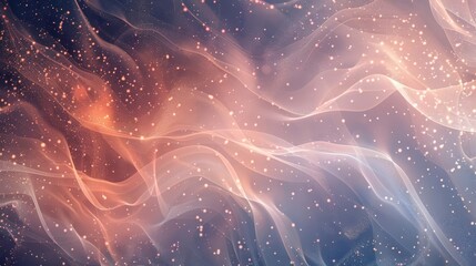 Wall Mural - Dark sapphire and soft peach blend shimmering particles fluid patterns mystical tranquility. background