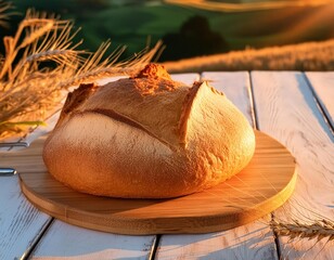 A freshly baked loaf of bread on a wooden board with a crispy crust ilying outdoor on a table