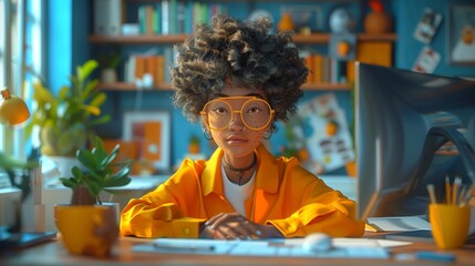 Poster - Woman Working At Her Desk With a Computer
