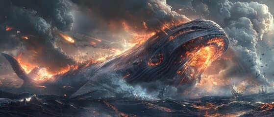 A leviathan with flames erupting around it, showcasing oceanic power and intensity