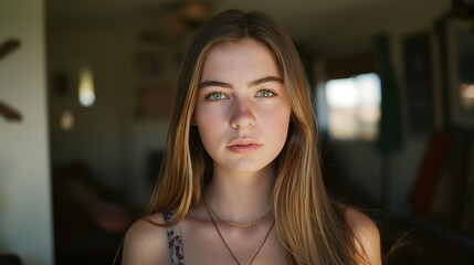 Wall Mural - A young woman with long blonde hair looks directly at the camera in a casual home setting