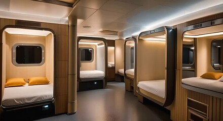 Wall Mural - Interior of a capsule hotel with cabins.