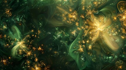 Wall Mural - Green and gold shades liquid-like patterns diffused lights faint clover shapes. background