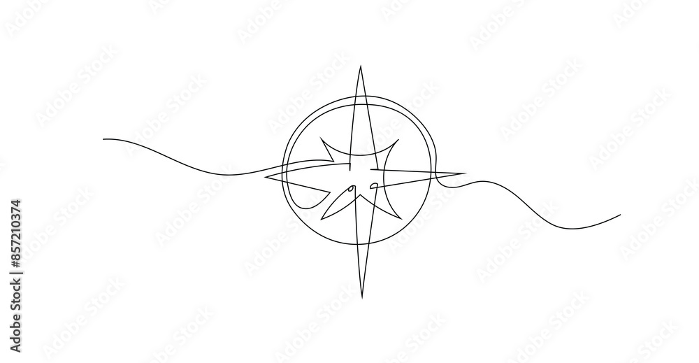 Compass Fine Line One continuous single line of compass for navigation isolated on white ...