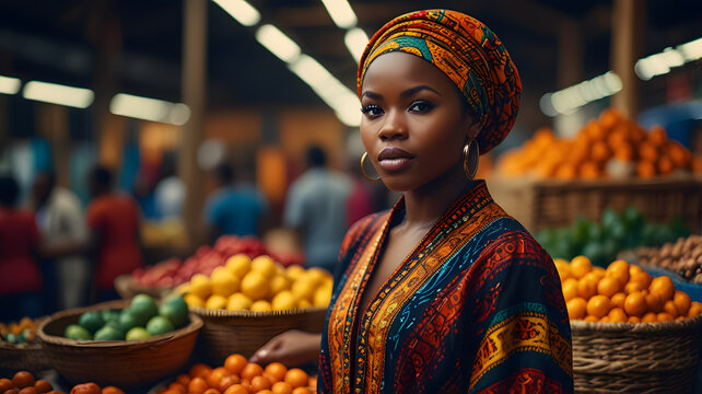 A young black woman stands confidently in a vibrant marketplace, adorned in traditional African attire. Her expressive eyes and intricate jewelry convey a deep cultural heritage