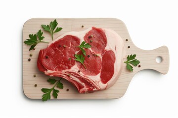 Raw beef steak on wooden cutting board with parsley and peppercorns.