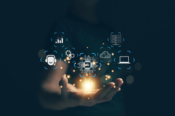 Fototapete - Businessmen are using AI to help them in their work. Finding information and calculating using Ai. The concept of using Ai technology to act in place of humans to reduce employment costs.