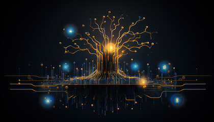 generated illustration neon light background with technology network line connect dot background
