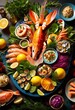 © Yaroslava - vibrant sustainable seafood eco friendly culinary creations, dishes, platters, fresh, delicious, tuna, salmon, shrimp, lobster, scallops, crab, mussels