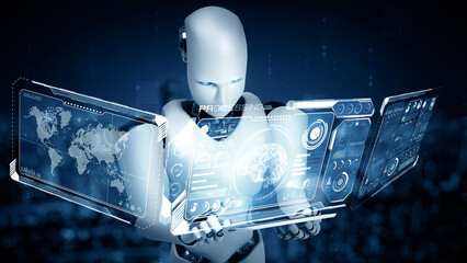 Poster - mlp 3d illustration robot hominoid using tablet computer for big data analytic using ai thinking bra