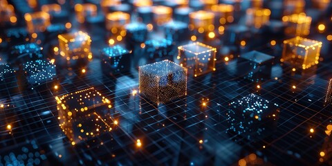 Poster - abstract digital network with glowing cubes