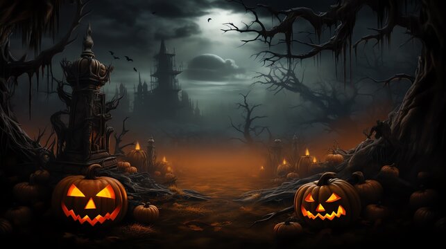 Spooky Halloween scene with pumpkins, haunted house, and full moon.