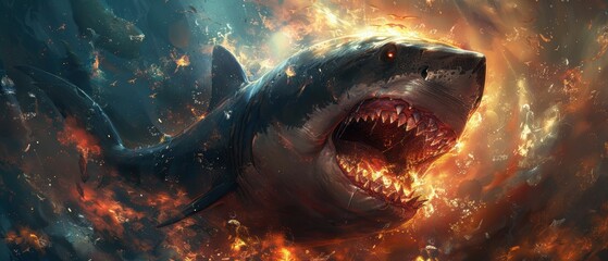 A shark with jaws open wide amidst an underwater fiery explosion, symbolizing deadly power