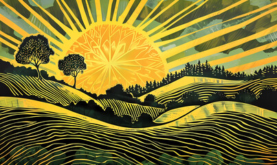 Wall Mural - landscape with sun