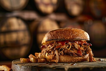  photo of a mouth-watering pulled pork sandwich in  bread