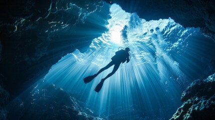 Poster - A man is swimming in a cave with sunlight shining on him