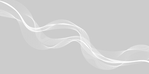 Wall Mural - Gray and white abstract background with flowing particles. Digital future technology concept. Abstract white paper wave background and abstract gradient and white wave curve lines.	