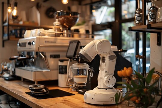 A robot is pouring coffee into a cup
