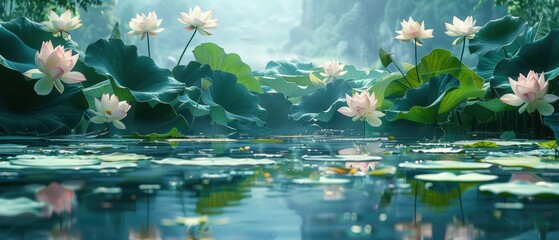 A tranquil scene of a lotus pond with blooming flowers and large green leaves, reflecting in the still water