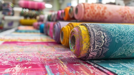 A textile designer prints unique, intricate patterns on fabric rolls in a vibrant, color-infused studio.